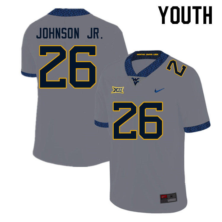 Youth #26 Justin Johnson Jr. West Virginia Mountaineers College Football Jerseys Sale-Gray - Click Image to Close